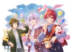  :d animal_ears balloon black_vest blue_shirt cape doll food french_fries glasses green_eyes green_hair green_jacket headband hood hoodie idolish_7 ima_(luce365) jacket juice_box long_sleeves looking_at_viewer male_focus multicolored_hair multiple_boys nanase_riku nikaido_yamato osaka_sougo popcorn purple_eyes rabbit_ears red_eyes red_hair ribbon shirt short_hair smile stuffed_animal stuffed_toy tongue vest white_hair white_hood white_hoodie white_shirt 