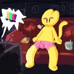  absurd_res anthro bulge clothing felid furniture genital_outline hi_res humanoid knitty445 male mammal on_sofa penis_outline pink_clothing pink_underwear sofa solo underwear 
