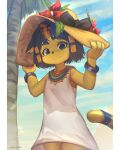  4:5 animal_crossing ankha_(animal_crossing) anthro artist_name black_bow blue_eyes blue_hair blue_markings blue_stripes bracelet clothing colored colored_line_art detailed_background digital_media_(artwork) digital_painting_(artwork) dress echowocha female flower fur hair hat hat_bow headgear headwear hi_res holding_clothing holding_hat holding_headgear holding_headwear holding_object jewelry leaf looking_at_viewer markings nintendo palm_tree plant pyramid red_flowers shaded signature sky smile smiling_at_viewer solo straw_hat stripes tail_stripes tree video_games white_clothing white_dress yellow_body yellow_fur 