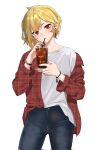  1girl alternate_costume bangs blonde_hair blue_pants blush casual cowboy_shot cup denim drinking drinking_glass drinking_straw earrings hievasp highres holding holding_cup hololive hololive_indonesia ice ice_cube jacket jeans jewelry kaela_kovalskia long_sleeves looking_at_viewer medium_hair off_shoulder pants plaid plaid_jacket shirt solo virtual_youtuber watch white_background white_shirt wristwatch 