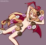  demon dessert disgaea doughnut envious-fool female flat_chested flonne food hair hi_res humanoid humanoid_pointy_ears long_hair looking_at_viewer lying nipples not_furry on_back solo video_games winged_humanoid wings 