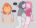  2girls adventure_time bite_mark bite_mark_on_neck biting black_hair black_shirt blush brown_shirt cleavage_cutout clothing_cutout colored_skin eyewear_on_head flame_princess grey_shirt grey_skin highres long_hair marceline_abadeer multiple_girls neck_biting orange_skin pants pink_hair pink_shirt pink_shorts pointy_ears princess_bonnibel_bubblegum shirt shorts steemyart sunglasses sweat turtleneck unworn_eyewear white_pants yuri 