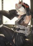  1girl armpits blue_eyes breasts dress elbow_gloves fadingz fox_mask gloves hairband highres japanese_clothes kimono long_hair looking_at_viewer mask medium_breasts mole mole_under_mouth nier_(series) nier_automata nier_reincarnation official_alternate_costume short_hair short_kimono solo thighhighs white_hair yorha_no._2_type_b 