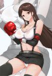  1girl arm_under_breasts bare_shoulders boxing_gloves breasts brown_hair cleavage collarbone covered_nipples crop_top dripping earrings final_fantasy final_fantasy_vii highres jewelry large_breasts long_hair looking_at_viewer miniskirt navel nonoririn panties panty_peek red_eyes skirt sparkle stomach strap sweat sweaty_clothes thighhighs tifa_lockhart underwear wet wet_hair zettai_ryouiki 