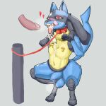  anthro balls bdsm blue_body bodily_fluids bondage bound cum cum_on_face disembodied_penis dumato duo genital_fluids genitals humanoid_genitalia humanoid_penis licking lucario male male/male nintendo penis pok&eacute;mon pok&eacute;mon_(species) tongue tongue_out video_games 