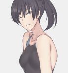 1girl amagami bangs black_eyes black_hair breasts commentary competition_swimsuit hibikida1113 highres looking_at_viewer medium_breasts one-piece_swimsuit open_mouth ponytail short_hair simple_background smile solo swimsuit tsukahara_hibiki 