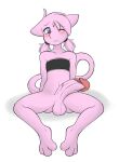 absurd_res anthro balls big_penis blush genitals hi_res legendary_pok&eacute;mon male mew mostly_nude nintendo one_eye_closed penis pink_body pok&eacute;mon pok&eacute;mon_(species) pok&eacute;morph rivvoncat simple_background sitting solo video_games white_background 