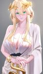  1girl absurdres ahoge artoria_pendragon_(fate) artoria_pendragon_(lancer)_(fate) bangs blonde_hair blush bracelet breasts cleavage collarbone fate/grand_order fate_(series) green_eyes hair_between_eyes highres jewelry large_breasts laurel_crown long_hair looking_at_viewer n.e_(sakura-233) roman_clothes sidelocks single_bare_shoulder single_sleeve smile solo staff toga wide_sleeves 