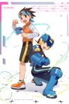  2boys :d absurdres arm_cannon artist_name battle_chip black_bodysuit black_hair black_shorts blue_footwear blue_headband blue_headwear bodysuit boots brown_eyes brown_hair commentary_request english_text green_eyes hand_on_own_arm happy headband helmet highres holding lan_hikari_(mega_man) long_sleeves looking_at_viewer male_focus mega_man_(series) mega_man_battle_network megaman.exe multiple_boys netnavi open_mouth orange_footwear orange_vest personal_terminal shirt shoes short_hair shorts smile sneakers spiked_hair squatting standing teeth tok_nuts upper_teeth vest watermark weapon white_background white_shirt 