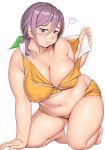  1girl arm_support bangs barefoot blue_eyes blush breasts character_request cleavage closed_mouth commentary_request copyright_request covered_nipples full_body hair_between_eyes heart highres kneeling leaning_forward long_hair looking_at_viewer looking_to_the_side navel orizen purple_hair sidelocks sleeveless solo thick_thighs thighs 