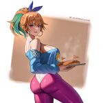  1girl absurdres ass bread breasts earrings food from_behind highres holding holding_tray hololive hololive_english hoop_earrings jewelry large_breasts leotard looking_at_viewer looking_back off-shoulder_sweater off_shoulder official_alternate_costume orange_hair purple_eyes seventeencrows simple_background skin_tight smile solo sweater takanashi_kiara takanashi_kiara_(fever_night) tray twitter_username virtual_youtuber 