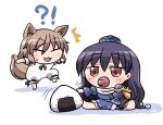  !? 2girls ^^^ animal_ears black_coat black_hair blue_dress blue_headwear blush blush_stickers closed_eyes coat dress food fox_ears fox_tail green_ribbon hair_between_eyes hat iizunamaru_megumu kudamaki_tsukasa light_brown_hair long_hair long_sleeves motion_lines multiple_girls onigiri open_mouth pom_pom_(clothes) red_eyes ribbon rokugou_daisuke romper short_hair short_sleeves shoulder_guard signature simple_background sleeveless sleeveless_coat tail tokin_hat touhou white_background white_romper 