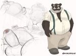  2022 anthro balls beard belly big_belly bodily_fluids bottomwear brown_body clothing cum dober erection facial_hair genital_fluids genitals hi_res humanoid_genitalia humanoid_hands humanoid_penis male mammal mature_male moobs multiple_poses mustache nipples overweight overweight_male pants penis pose shirt solo suspenders topwear underwear ursid 