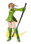  1girl absurdres bangs bob_cut boots breasts brown_hair dress emblem gloves green_dress green_footwear green_gloves halberd headphones highres holding holding_weapon knee_boots konami_kirie legs_apart long_sleeves looking_at_viewer mnmnwtsn outstretched_arm parted_lips polearm sheath short_hair simple_background smile solo standing weapon white_background world_trigger 