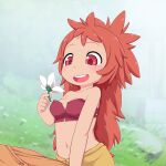  1girl :d bare_shoulders blush breasts flower highres holding holding_flower kionant made_in_abyss medium_breasts mitty_(made_in_abyss)_(human) navel outdoors red_eyes red_hair round_teeth sitting smile solo teeth upper_teeth white_flower 