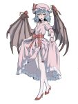 1girl absurdres alternate_costume bare_shoulders bat_wings blue_hair bow bow_on_wing brooch detached_collar detached_sleeves dress frilled_dress frills full_body glove_bow gloves hair_between_eyes hat hat_ribbon high_heels highres jewelry long_sleeves looking_at_viewer mob_cap pink_gloves pink_hat red_bow red_eyes red_footwear red_ribbon remilia_scarlet ribbon short_hair simple_background skirt_hold smile solo touhou white_background wings youpofen 