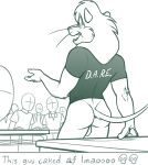 2024 5_fingers anon anthro anthro_focus arm_tuft bald balls bent_arm big_eyes biped black_and_white black_text bottomless bottomless_anthro bottomless_male butt cheek_tuft clothed clothed_human clothed_male clothing d.a.r.e. daren_the_lion dark_clothing dark_shirt dark_t-shirt dark_topwear desk digital_drawing_(artwork) digital_media_(artwork) elbow_tuft emoji english_text faceless facial_tuft fangs felid fingers fur fur_tuft furniture genitals group hi_res human humanoid_hands lion long_whiskers looking_at_another male mammal mane monochrome open_mouth open_smile pantherine polo_shirt prick_ears print_clothing print_shirt print_t-shirt print_topwear redout shirt shirt_only sitting skull_symbol slang smile snout solo_focus standing t-shirt t-shirt_only table tail teeth text text_on_clothing text_on_shirt text_on_t-shirt text_on_topwear three-quarter_view topwear topwear_only tuft whiskers