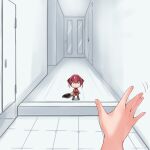  1girl 1other :o berotore blush_stickers commentary_request door hallway hat hat_removed headwear_removed heterochromia highres hololive houshou_marine looking_at_viewer minigirl pirate_hat pov pov_hands red_eyes red_hair solo_focus twintails virtual_youtuber waving wide-eyed yellow_eyes 