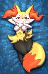  anthro braixen breasts cream.pup female fur hi_res lying nintendo nipples on_back pok&eacute;mon pok&eacute;mon_(species) solo thick_thighs video_games yellow_body yellow_fur 
