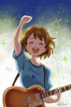  absurdres arm_up bangs blue_shirt blush bob_cut brown_eyes brown_hair closed_eyes commentary_request dated electric_guitar fireworks guitar hair_ornament hairclip happy highres hirasawa_yui holding holding_instrument instrument k-on! open_mouth shirt short_hair short_sleeves signature smile teeth tsunemoku upper_teeth 