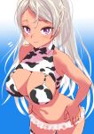  1girl alternate_costume animal_print asava_(hutaitenn) bikini blue_background breasts conte_di_cavour_(kancolle) cow_print cowboy_shot gradient gradient_background highres kantai_collection large_breasts long_hair looking_at_viewer navel print_bikini purple_eyes shrug_(clothing) sleeveless smile solo standing swimsuit tan very_long_hair white_background white_hair 