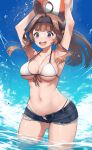  1girl :d ahoge armpits arms_up ass_visible_through_thighs ball bare_arms bare_shoulders beachball bikini blue_shorts breasts brown_hair cleavage collarbone cutoffs day denim denim_shorts double_bun hair_bun hair_intakes halterneck headband highres kantai_collection kongou_(kancolle) large_breasts long_hair looking_at_viewer micro_shorts navel open_fly open_mouth outdoors purple_eyes redrawn short_shorts shorts smile solo splashing stomach strap_gap string_bikini swimsuit thighs wading water white_bikini yuzuruka_(bougainvillea) 