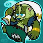  1:1 2022 4_fingers anthro asian_mythology badger biped blue_eyes clothed clothing east_asian_mythology feet fingers fujin_(mythology) green_body japanese_badger japanese_mythology kemono kokushiki mammal meles mustelid musteline mythology solo 