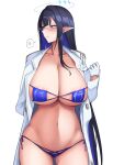  1girl anger_vein ass_visible_through_thighs bikini blue_archive blue_bikini blue_eyes blue_hair blush breasts cleavage collarbone eyepatch_bikini glasses gloves halo highres huge_breasts jacket long_hair long_sleeves micro_bikini ootori_subaru open_clothes open_jacket pointy_ears rin_(blue_archive) simple_background solo spoken_anger_vein swimsuit very_long_hair white_background white_gloves white_jacket 