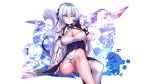  1girl absurdres bangs black_gloves blush breasts bronya_zaychik bronya_zaychik_(silverwing:_n-ex) dress english_commentary feet_out_of_frame gloves grey_eyes grey_hair highres honkai_(series) honkai_impact_3rd karma_alter_d large_breasts long_hair looking_at_viewer parted_lips sidelocks single_glove single_thighhigh sitting sleeveless sleeveless_dress solo thighhighs transparent_background white_thighhighs 