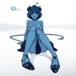  1girl artist_name black_footwear black_skirt blue_hair blue_lips blue_skin blue_tail breasts breasts_out colored_nipples colored_skin critical_role demon_tail dungeons_&amp;_dragons highres horns jester_lavorre leaning_back looking_at_viewer nipples olena_minko patreon_username pointy_ears purple_nipples shoes short_hair sitting skirt solo tail tiefling web_address white_background 