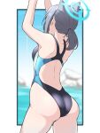  1girl animal_ears arched_back armpits arms_up ass back back_cutout bare_arms bare_shoulders black_swimsuit blue_archive breasts clothing_cutout competition_swimsuit cowboy_shot extra_ears fox_ears from_behind grey_hair halo highleg highleg_swimsuit highres jibako long_hair one-piece_swimsuit ponytail shiroko_(blue_archive) shiroko_(swimsuit)_(blue_archive) sidelocks small_breasts solo standing swimsuit 