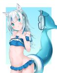  1girl absurdres animal_ears bangs blue_eyes blue_hair blunt_bangs blush cat_ears fish_tail gawr_gura goggles hair_ornament highres hololive hololive_english ikamoworkshop medium_hair multicolored_hair navel shark_girl shark_hair_ornament shark_tail solo streaked_hair swimsuit tagme tail two_side_up virtual_youtuber white_hair 