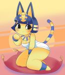  3_fingers absurd_res animal_crossing ankha_(animal_crossing) anthro blue_hair breasts cleavage clothed clothing digital_media_(artwork) domestic_cat egyptian eyelashes eyeshadow feet felid feline felis female fingers fur hair hi_res kneeling makeup mammal nintendo onigiri_punch pillow solo thick_thighs toes video_games yellow_body 