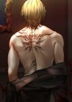  1boy arms_at_sides back_tattoo black_shirt blonde_hair blood blood_on_clothes facing_away from_behind highres light_particles luca_kaneshiro makura_wet male_focus nijisanji nijisanji_en off_shoulder one_side_up picture_frame shirt short_hair solo tattoo toned toned_male topless_male undressing upper_body virtual_youtuber 