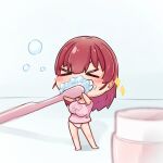  &gt;_&lt; berotore blurry blush_stickers breasts brushing_teeth bubble clenched_teeth closed_eyes depth_of_field foam hair_down highres holding holding_toothbrush hololive houshou_marine large_breasts minigirl no_pants panties pink_shirt shirt t-shirt teeth toothbrush underwear v-shaped_eyebrows virtual_youtuber 