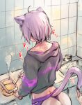  1girl 1other absurdres ahoge animal_ears ass cat_ears cat_girl cat_tail choker chopsticks commentary_request cooking crop_top facing_away faucet foreplay heart highres holding holding_chopsticks holding_utensil hololive hood hood_down ikayaki_(artist) long_sleeves midriff nekomata_okayu purple_hair short_hair sink sketch smoke stove sweat tail tail_raised tail_through_clothes tile_wall tiles touching_tail trembling virtual_youtuber 