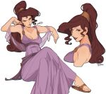 1girl artist_name breasts brown_hair cleavage crossed_legs dress eyeshadow hercules_(disney) highres long_dress long_hair looking_at_viewer looking_to_the_side makeup megara_(disney) outstretched_arms ponytail purple_eyes red_lips sandals signature simple_background sitting solo spread_arms tipsytrains white_background 