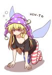  1girl all_fours american_flag_legwear black_shirt blonde_hair blush clothes_writing clownpiece collarbone cosplay fairy fairy_wings hair_between_eyes hat hecatia_lapislazuli hecatia_lapislazuli_(cosplay) highres jester_cap long_hair off-shoulder_shirt off_shoulder pantyhose parted_lips pink_eyes polka_dot polka_dot_headwear purple_headwear shirt shitacemayo short_sleeves simple_background solo striped striped_legwear t-shirt touhou white_background wings 