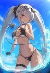  1girl absurdres bikini black_bikini black_gloves blue_archive blush breasts choker dark-skinned_female dark_skin demon_tail eyewear_on_head gloves grey_hair hair_over_one_eye hair_ribbon halo highres iori_(blue_archive) iori_(swimsuit)_(blue_archive) large_breasts long_hair looking_at_viewer navel official_alternate_costume pointy_ears red_eyes ribbon side-tie_bikini solo sunglasses swimsuit tail thigh_strap three_twosix twintails very_long_hair wading 