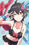  1girl alternate_costume alternate_ears asymmetrical_wings bikini black_bikini black_hair blue_background blue_nails blue_wings blush bow breasts cleavage commentary_request cowboy_shot fingernails frilled_bikini frills grin hair_between_eyes highres houjuu_nue jack_(wkm74959) leaning_forward looking_at_viewer medium_bangs navel one-hour_drawing_challenge one_eye_closed red_bow red_eyes red_wings short_hair simple_background small_breasts smile solo star_sticker sticker_on_face swimsuit touhou ufo v_over_eye wings 
