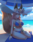  1girl :3 absurdres animal_ear_fluff animal_ears bamboowacker bangs beach bikini blue_bikini blue_sky blush bracelet breasts cleavage closed_mouth cloud commentary english_commentary eyelashes fate/grand_order fate_(series) fox_ears fox_girl fox_tail full_body hair_between_eyes hand_on_own_thigh hat highres jewelry large_breasts long_hair looking_at_viewer navel necklace outdoors parasol pink_hair red_ribbon ribbon shadow side-tie_bikini sidelocks sitting sky solo striped striped_ribbon sun_hat swimsuit tail tamamo_(fate) tamamo_no_mae_(swimsuit_lancer)_(fate) tamamo_no_mae_(swimsuit_lancer)_(third_ascension)_(fate) umbrella white_ribbon yellow_eyes yokozuwari 