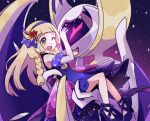  1girl ;d bangs blonde_hair blush braid dress elbow_gloves flower gloves green_eyes hair_flower hair_ornament hairband lillie_(pokemon) long_hair lunala mur_mu_mu official_alternate_costume one_eye_closed open_mouth pokemon pokemon_(creature) pokemon_(game) pokemon_masters_ex purple_dress purple_footwear purple_hairband red_flower sleeveless sleeveless_dress smile twin_braids white_gloves 