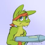 1:1 anthro arm_tuft bandanna blue_eyes bucklebunny chest_tuft closed_smile fur green_body green_ears green_fur half-length_portrait head_tuft holding_object holding_pen kerchief lagomorph leporid looking_at_viewer male mammal mouth_closed orange_bandanna orange_kerchief pen portrait rabbit shoulder_tuft simple_background smile solo teeth tuft