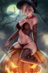  1girl black_bra black_gloves black_headwear black_panties bra deviantart_username elbow_gloves full_moon gloves halloween hat knife mercy_(overwatch) moon night olchas outdoors overwatch paid_reward_available panties patreon_username pumpkin signature sitting solo underwear witch witch_hat 