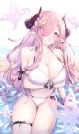  1921494015 1girl absurdres arm_under_breasts bangs bare_shoulders bikini blush braid breasts cleavage draph granblue_fantasy hair_ornament hair_over_one_eye highres horns large_breasts long_hair narmaya_(granblue_fantasy) navel one_eye_covered parted_lips pink_hair pointy_ears sitting smile solo swimsuit thigh_strap thighs white_bikini 
