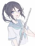  1girl :d artist_name black_hair blue_eyes blue_neckerchief blue_sailor_collar flute hands_up hibike!_euphonium highres himawari_himuka holding holding_instrument instrument kasaki_nozomi kitauji_high_school_uniform liz_to_aoi_tori long_hair looking_at_viewer neckerchief open_mouth ponytail sailor_collar school_uniform serafuku shirt short_sleeves simple_background smile solo white_background white_shirt 