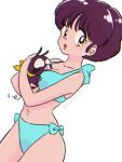  1girl between_breasts bikini blue_bikini breasts face_between_breasts head_between_breasts highres navel open_mouth p-chan pig punch121ykk ranma_1/2 simple_background swimsuit tendou_akane twitter_username white_background 