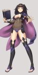  1girl absurdres black_eyes black_hair black_thighhighs book breasts cape cosplay fire_emblem fire_emblem_awakening floating_cape full_body highres holding holding_book holding_weapon igni_tion large_breasts long_hair looking_at_viewer ophelia_(fire_emblem) ophelia_(fire_emblem)_(cosplay) solo tharja_(fire_emblem) thighhighs tiara toeless_footwear toeless_legwear weapon 