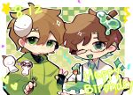  2boys :3 ahoge animification birthday birthday_cake birthday_connection bishounen brown_hair cake candle chinese_commentary commentary_request dream_(youtuber) dream_(youtuber)_(blob) dream_smp english_text food georgenotfound glasses green_eyes green_theme happy happy_birthday highres light_brown_hair male_focus mask mask_on_head minecraft_youtube monster_boy multiple_boys necktie official_alternate_costume one_eye_closed open_mouth pointy_ears shadiaochi short_hair slime_(substance) slime_boy slimecicle smile smiley_face stick suspenders tongue tongue_out trait_connection unworn_mask w 