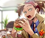  1girl 2boys ^_^ ^o^ bandana blue_shirt blurry blurry_background blush_stickers boku_no_hero_academia bowl_cut brown_hair burger closed_eyes collared_shirt depth_of_field eating eyewear_on_head eyewear_removed flower food food_bite food_on_face grey_eyes high_ponytail holding holding_food indoors jacket lettuce long_sleeves looking_at_another looking_at_viewer multicolored_necktie multiple_boys naruse_(naru_224s) necktie open_clothes open_jacket open_mouth orange_flower plant ponytail red_bandana rody_soul shirt siblings solo_focus spiked_hair striped_necktie sunglasses teeth tomato tongue two-tone_necktie 
